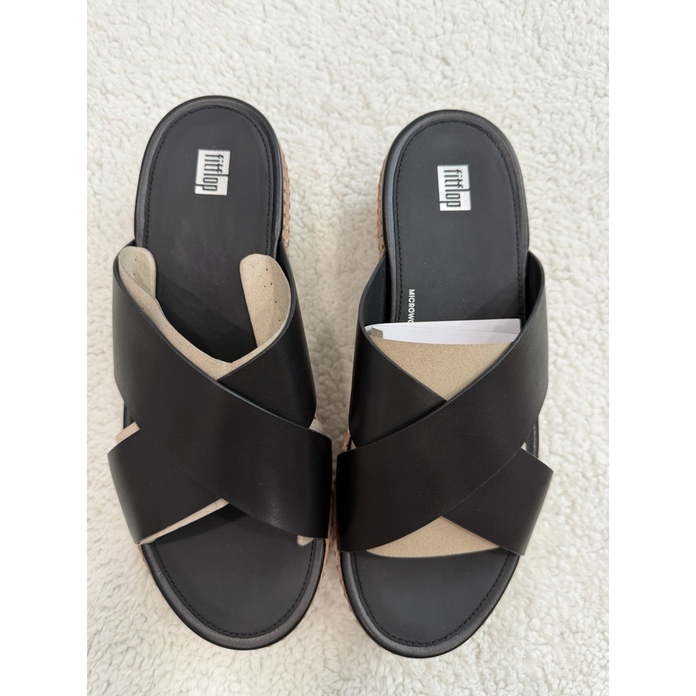 FitFlop PlatFForms Espadrille Leather Wedge Cross Slides Black Size 11 NIB